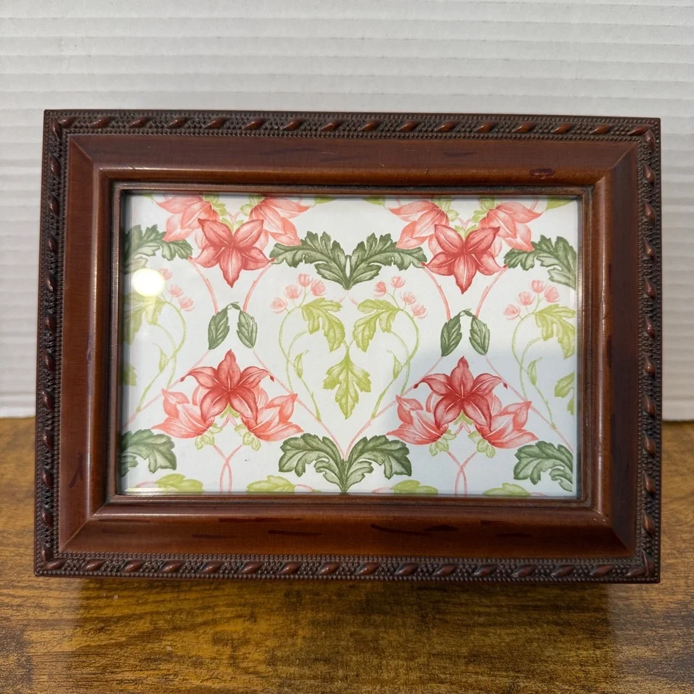 VTG Jewelry Box Photo Frame Brown Faux Wood Velvet Lined Grannycore Cottage Boho